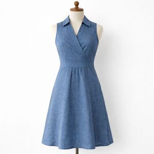 Talbots Dress Size 6P 100% Linen 6 Petite Blue Sleeveless V-Neck Collared